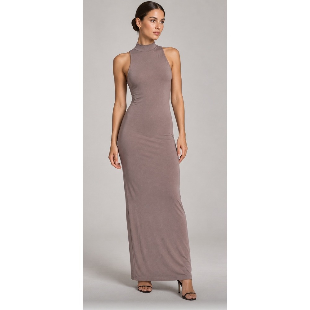 Naked Wardrobe Sleeveless Mock Neck Bodycon Maxi Dress Mauve Brown Small
